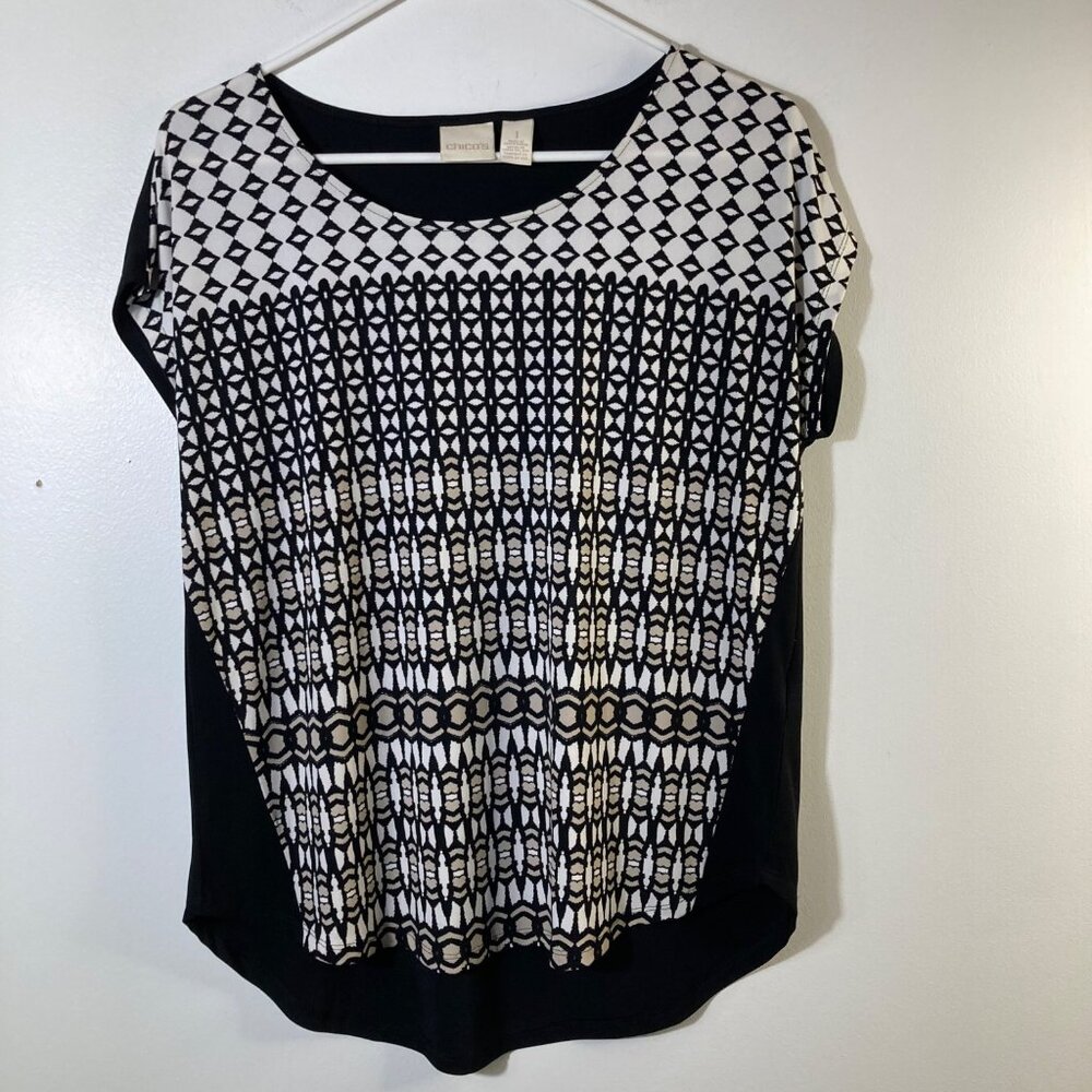 Womens Chicos Geometric Cap Sleeve Top M Black White Beige Polyester Spandex